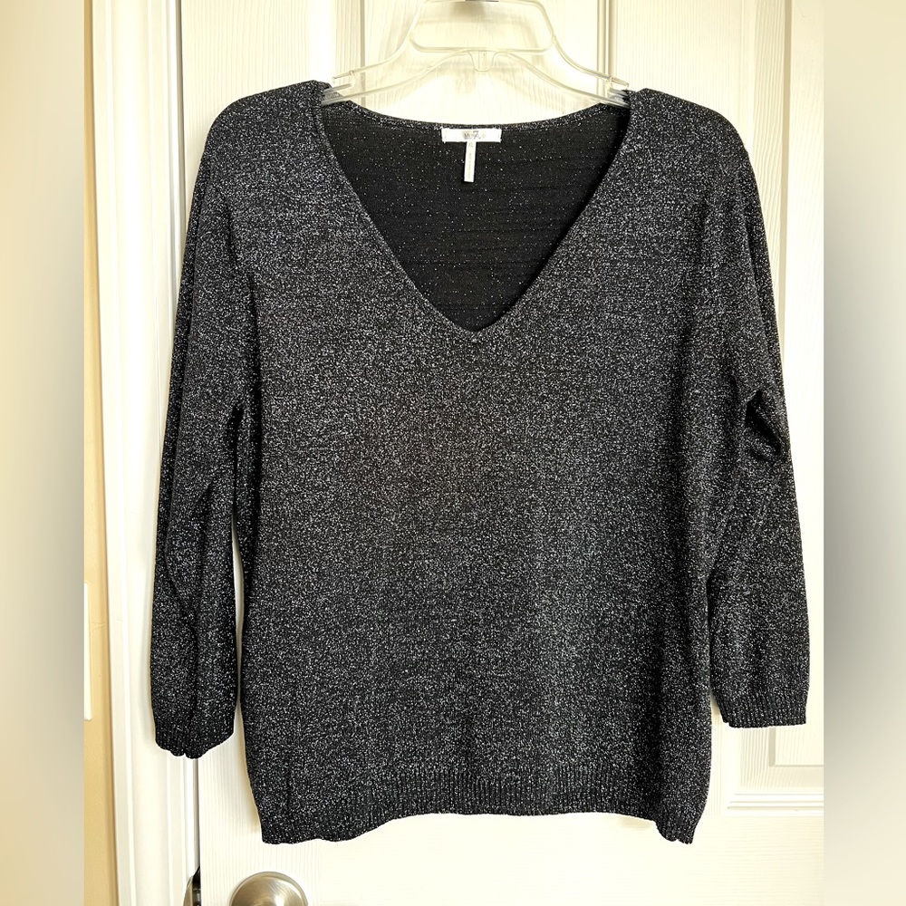Black, Silver Metallic Thread, “V” Neckline, 3/4 sleeves-pullover sweater.